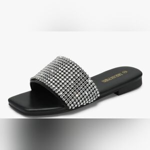 DREAM PAIRS Rhinestone Slip-on Square Open Toe Slides